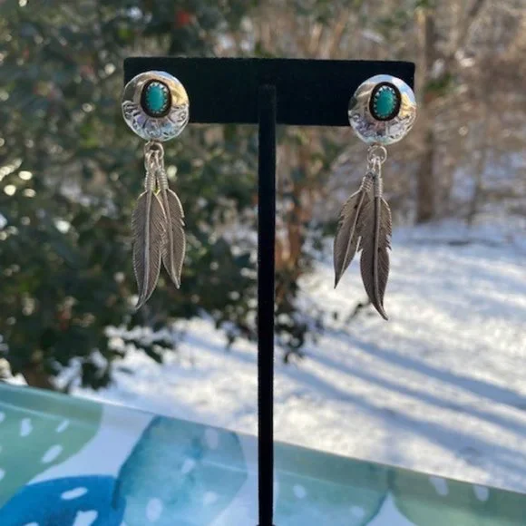 VTG Fred Weekoty Zuni Sterling Turquoise Feather EARRINGS - Picture 5 of 8